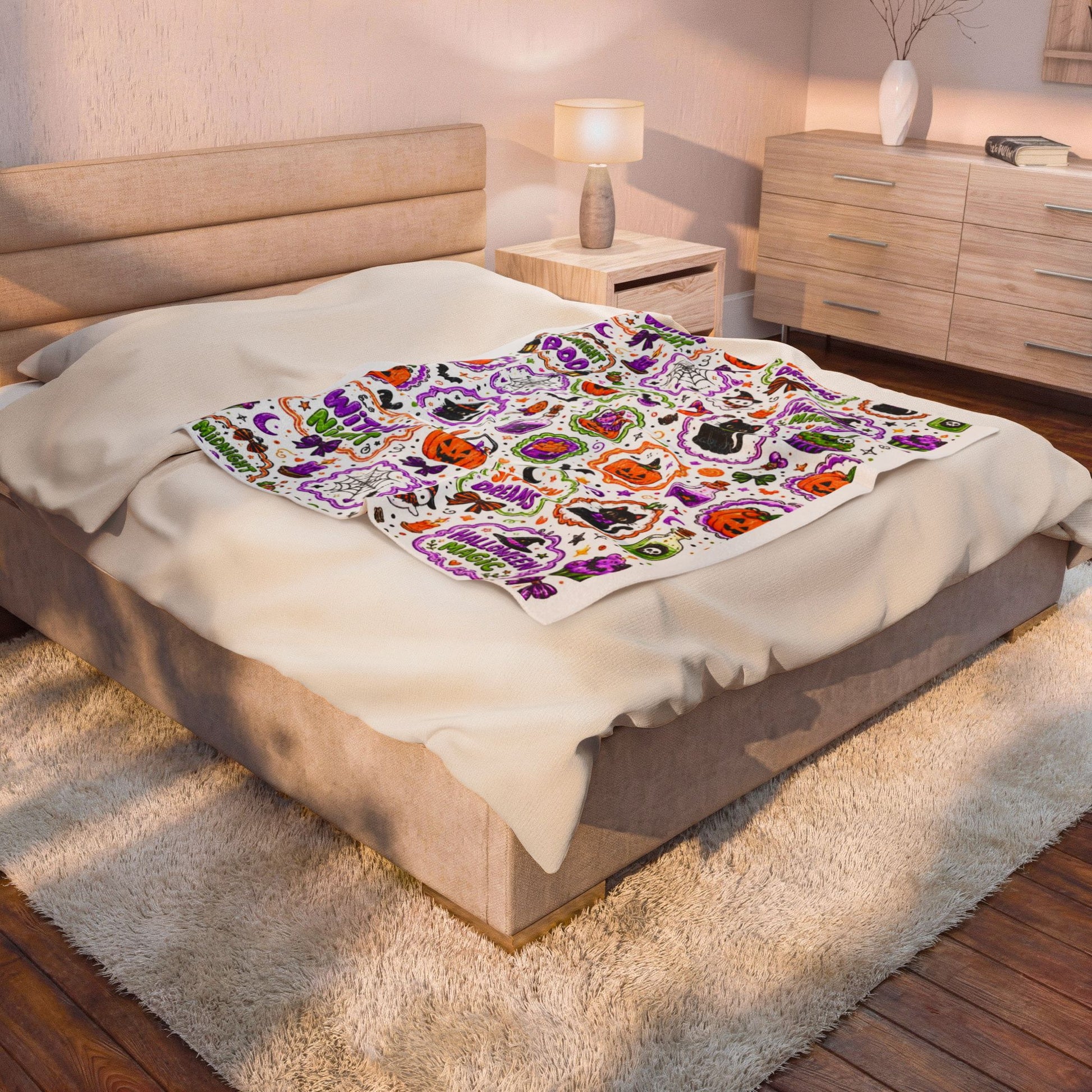 Halloween Patchwork Velveteen Plush Blanket — Witchy Night & Spooky Dreams Pattern Printify