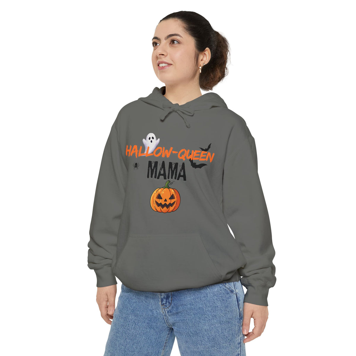 Hallow-Queen Mama Hoodie — Embroidered - Halloween Pumpkin Mom Sweatshirt Printify