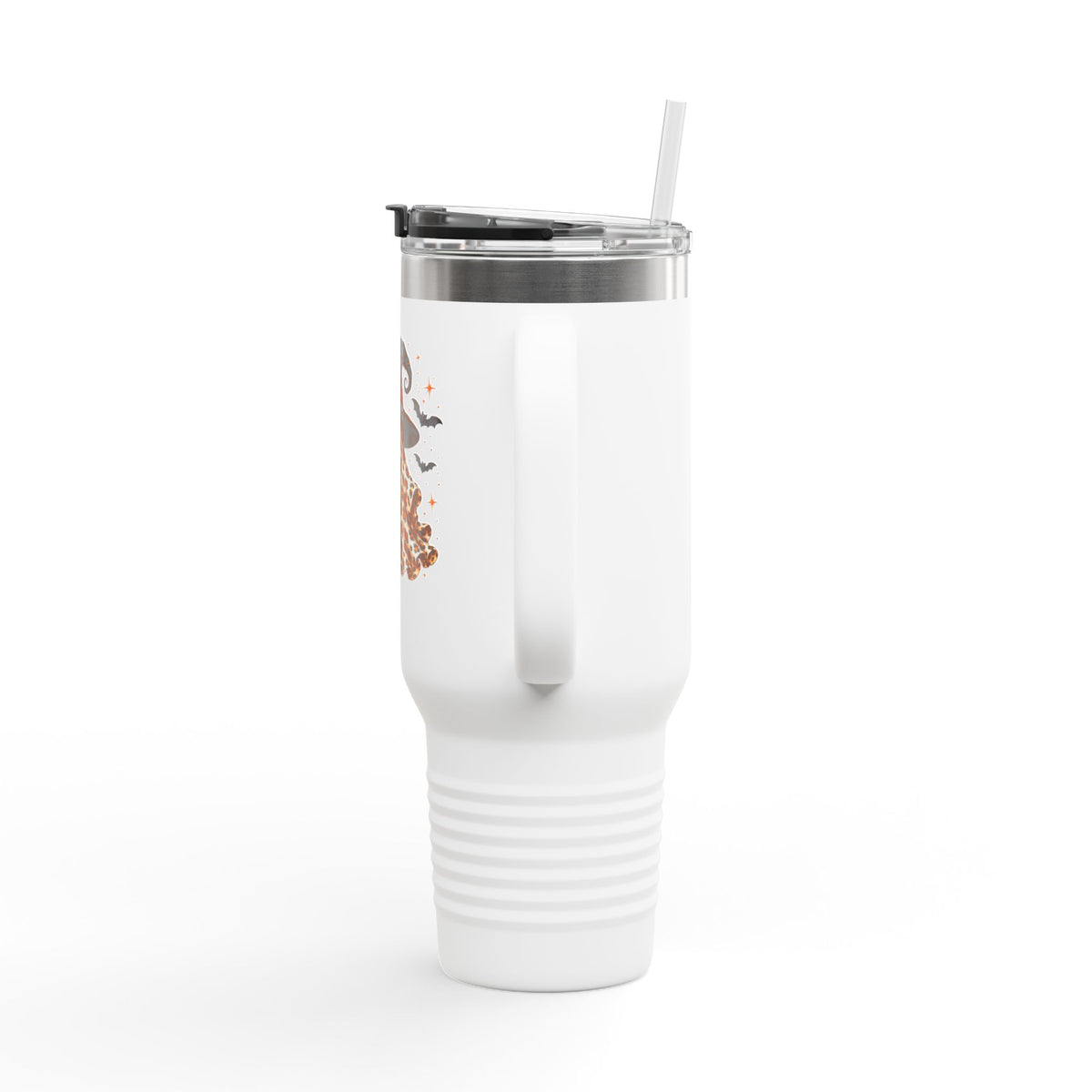 40oz Insulated Travel Mug — Leopard Print Ghost with Witch Hat Halloween Tumbler Printify