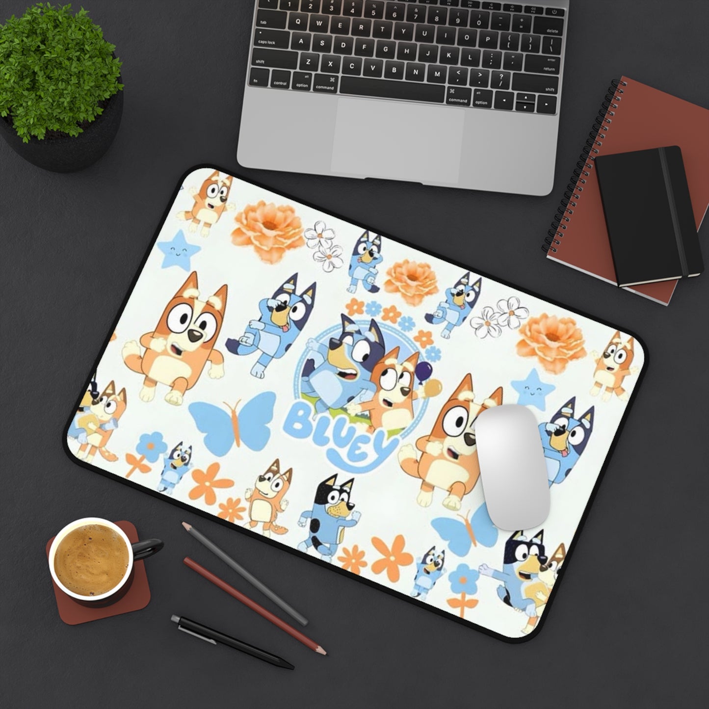 Bluey Pattern Desk Mat — Cute Bluey & Bandit Cartoon Mouse Pad for Kids Printify