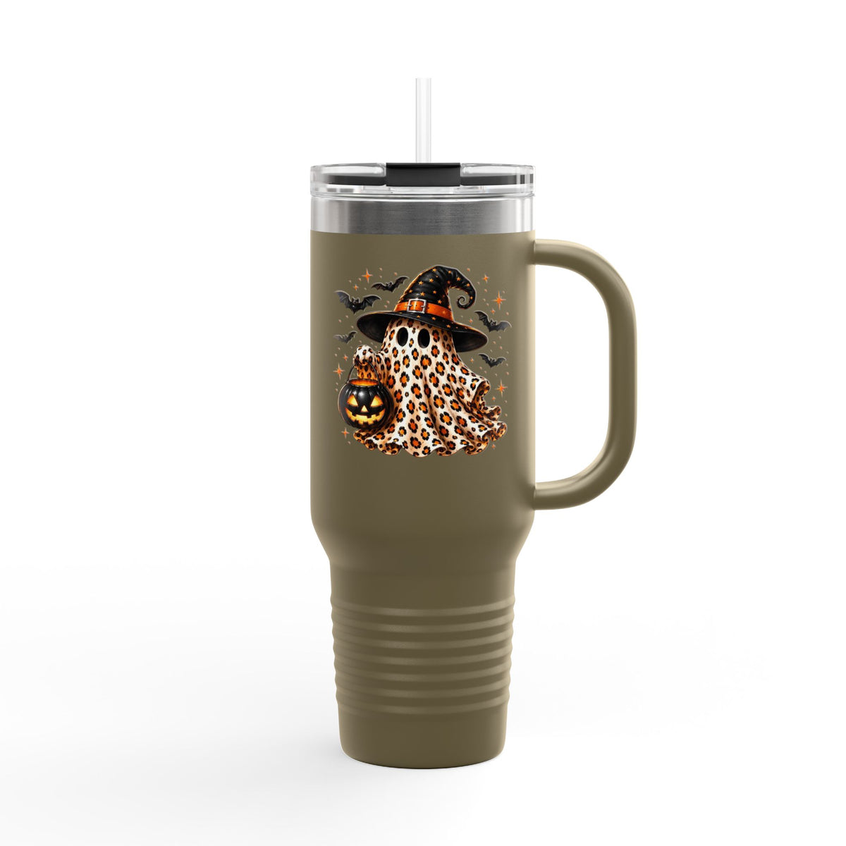 40oz Insulated Travel Mug — Leopard Print Ghost with Witch Hat Halloween Tumbler Printify