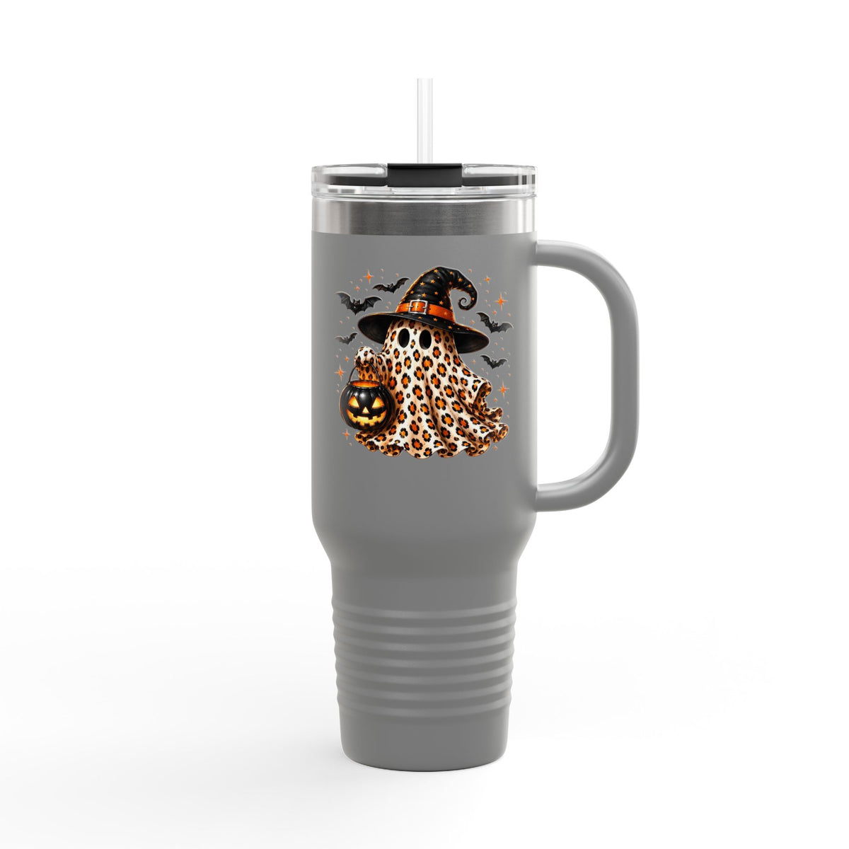 40oz Insulated Travel Mug — Leopard Print Ghost with Witch Hat Halloween Tumbler Printify