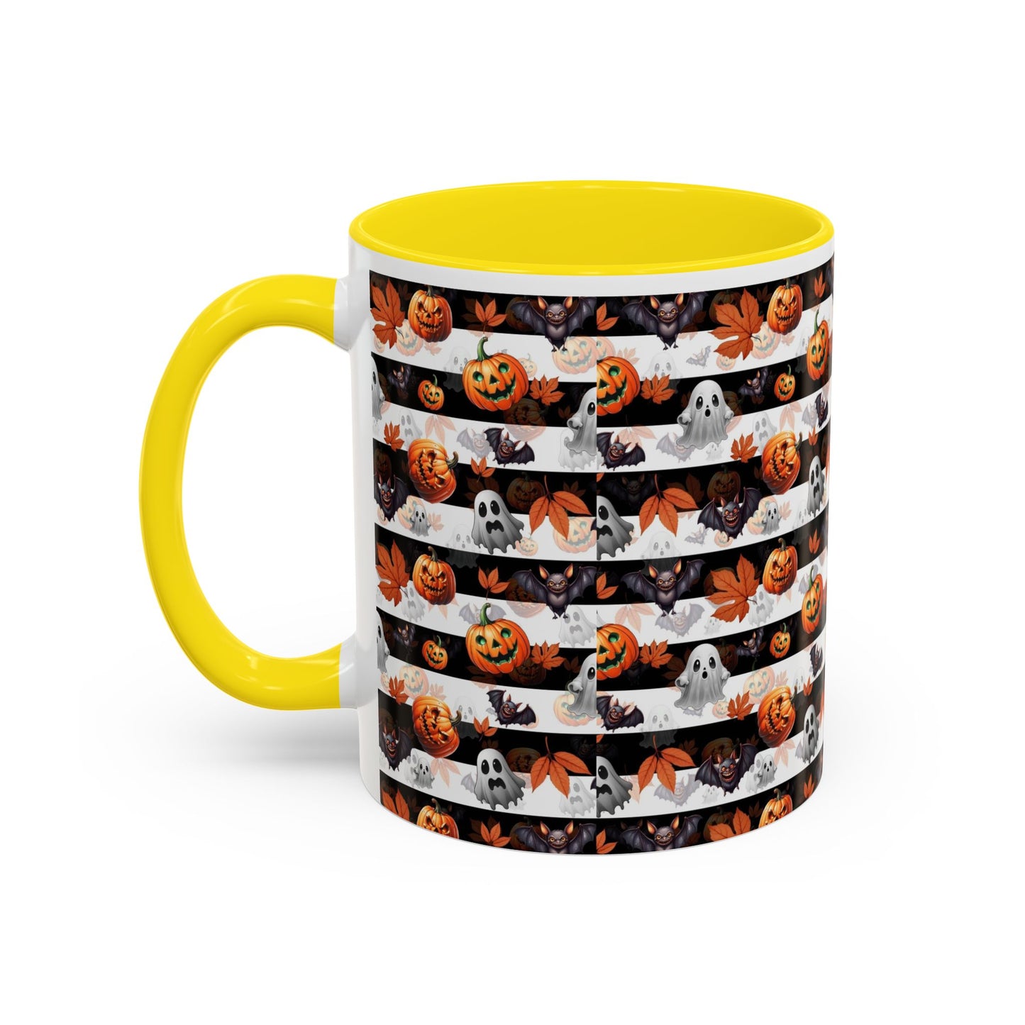 Halloween Striped Ghost & Jack-O'-Lantern Accent Coffee Mug (11/15oz) Printify