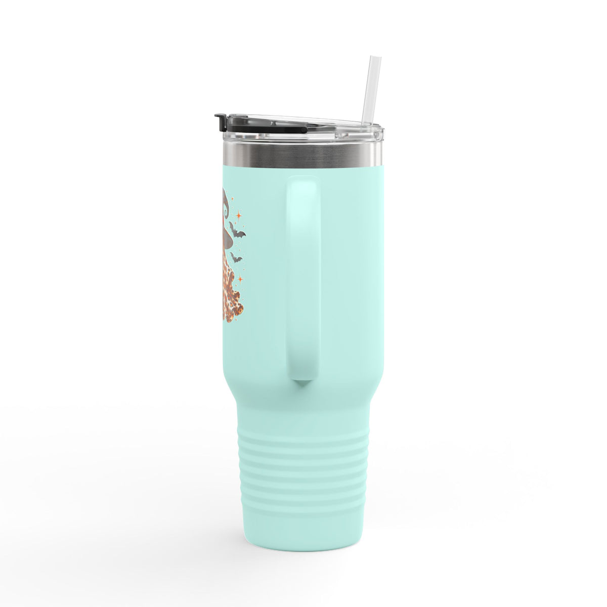 40oz Insulated Travel Mug — Leopard Print Ghost with Witch Hat Halloween Tumbler Printify