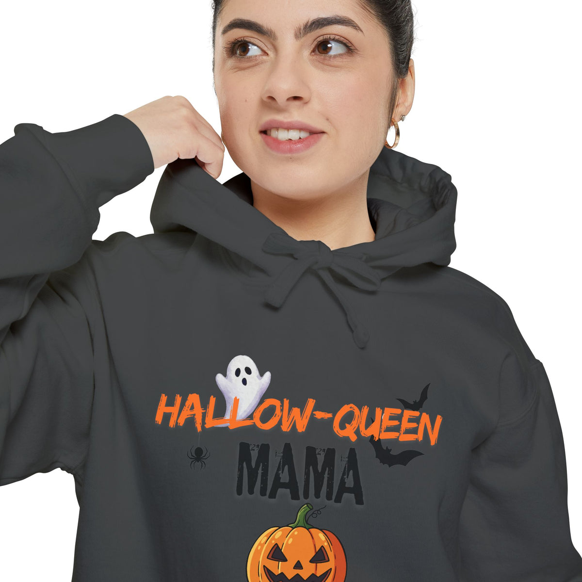 Hallow-Queen Mama Hoodie — Embroidered - Halloween Pumpkin Mom Sweatshirt Printify