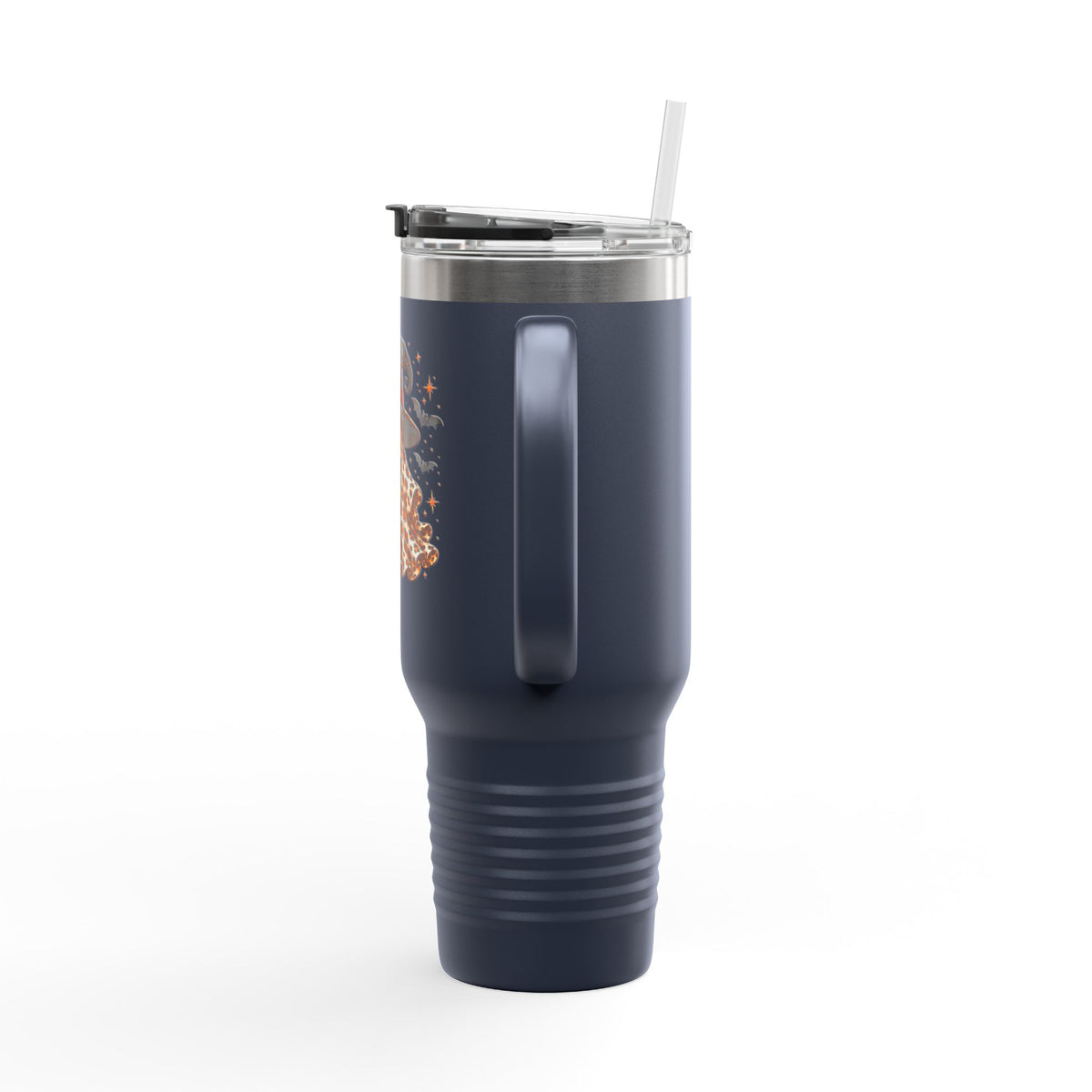 40oz Insulated Travel Mug — Leopard Print Ghost with Witch Hat Halloween Tumbler Printify