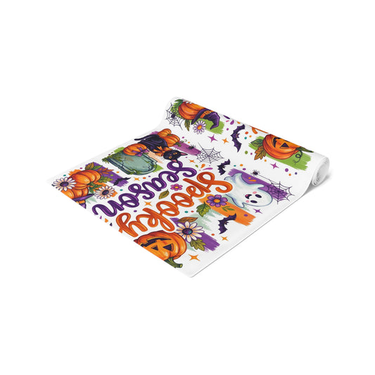 Halloween Table Runner – 'Spooky Season' Pumpkin & Ghost Cotton-Poly Decor Printify