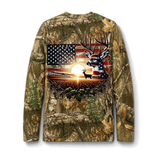 Camo Long Sleeve Tee — American Flag Sunrise Deer Pocket Tee Printify