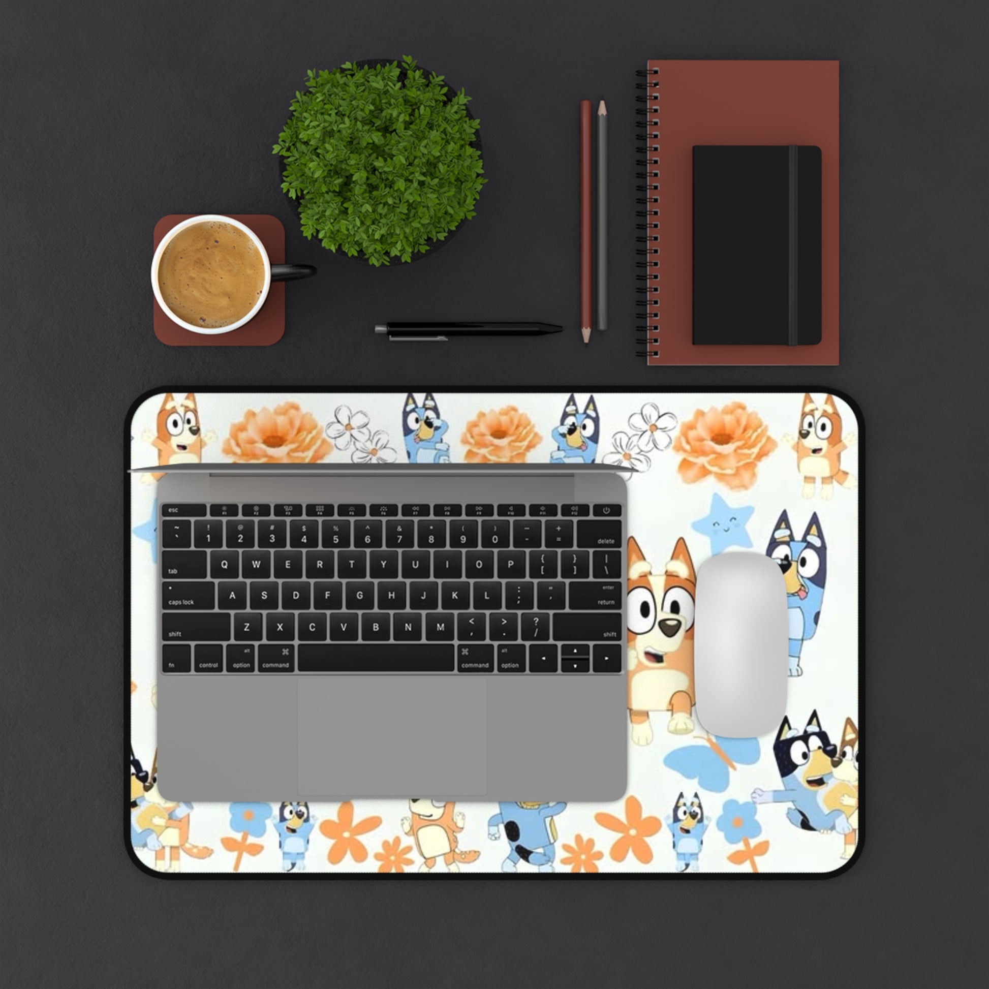 Bluey Pattern Desk Mat — Cute Bluey & Bandit Cartoon Mouse Pad for Kids Printify