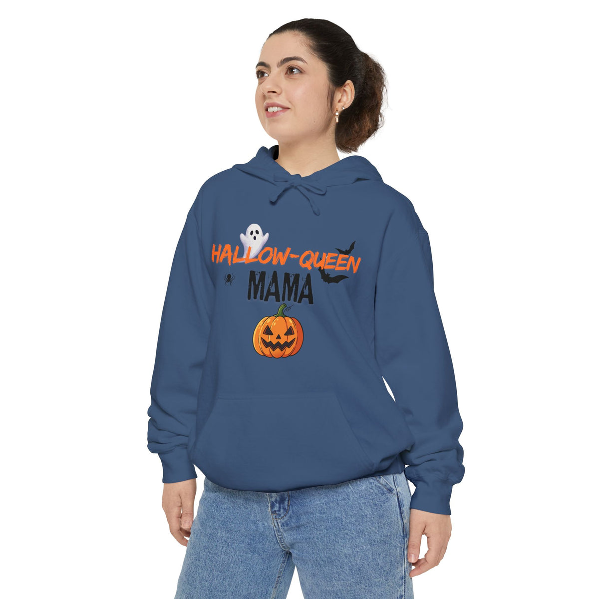 Hallow-Queen Mama Hoodie — Embroidered - Halloween Pumpkin Mom Sweatshirt Printify