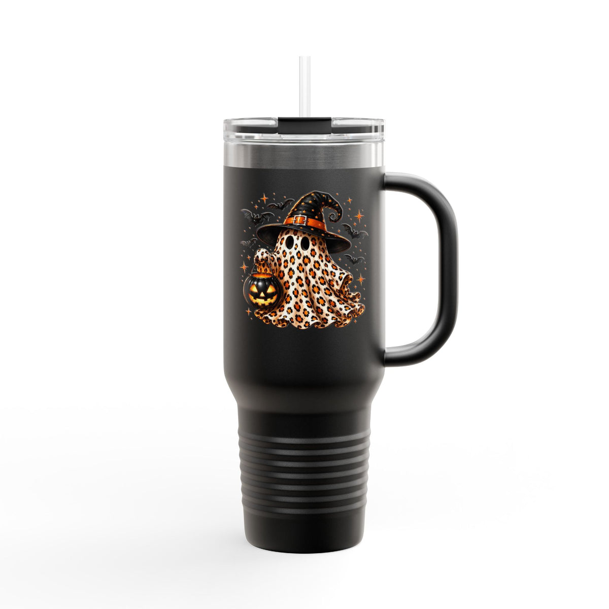 40oz Insulated Travel Mug — Leopard Print Ghost with Witch Hat Halloween Tumbler Printify