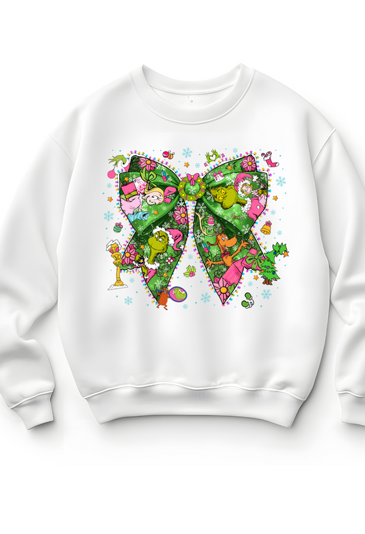 🎄✨ Grinch Bow Christmas Sweatshirt – Holiday Cutie with Whoville Vibes! ✨🎄