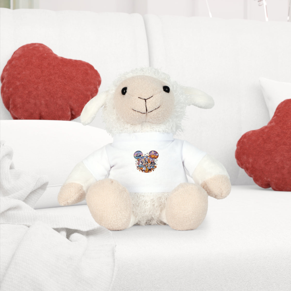 Stuffed Bear with Graphic Tee — Cute Mickey Collage Plush Toy Printify