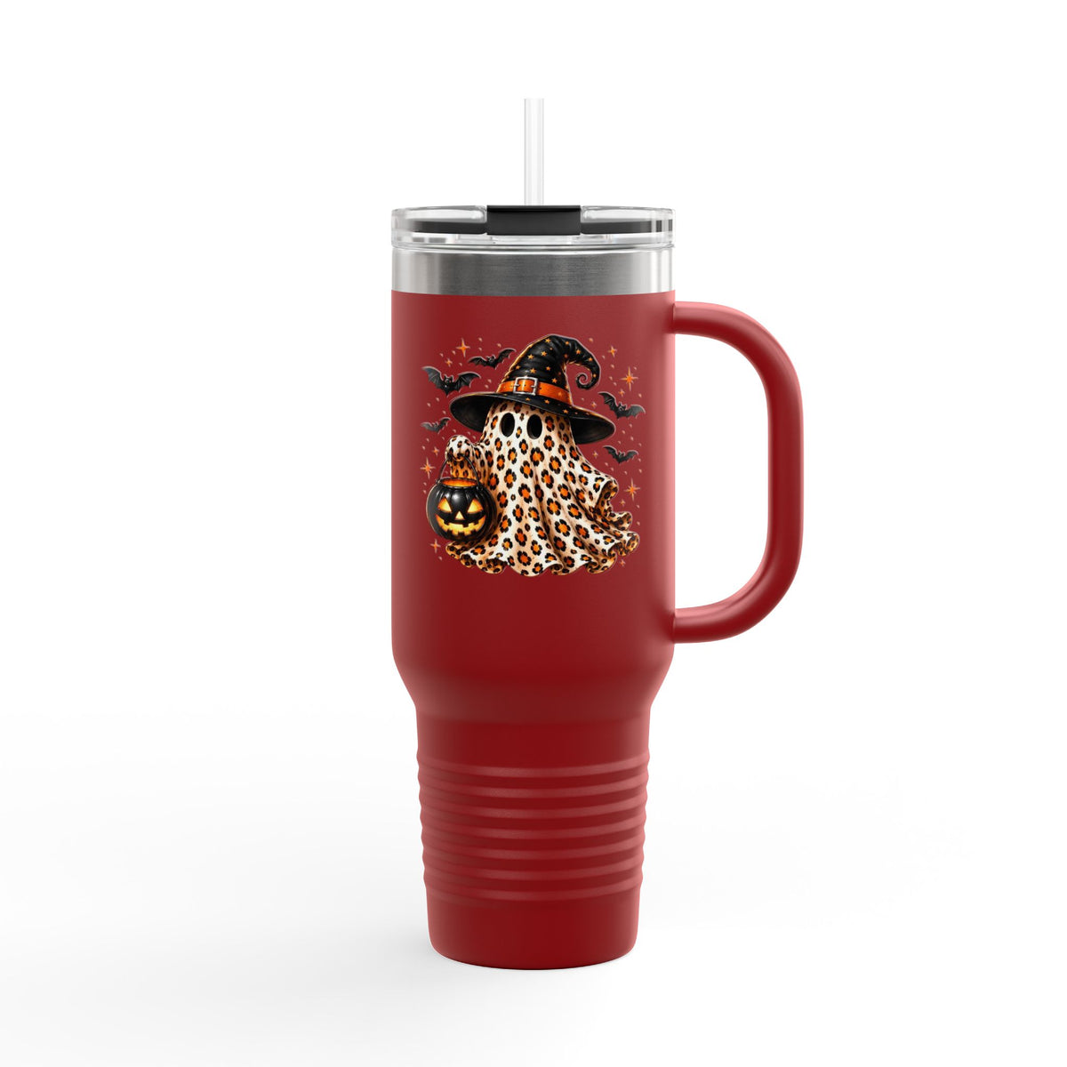 40oz Insulated Travel Mug — Leopard Print Ghost with Witch Hat Halloween Tumbler Printify