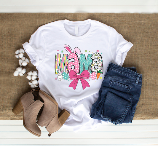 “Mama” Easter Bunny Graphic Tee – Bow & Pastel Spring Design Kendra's Self-Made Originations