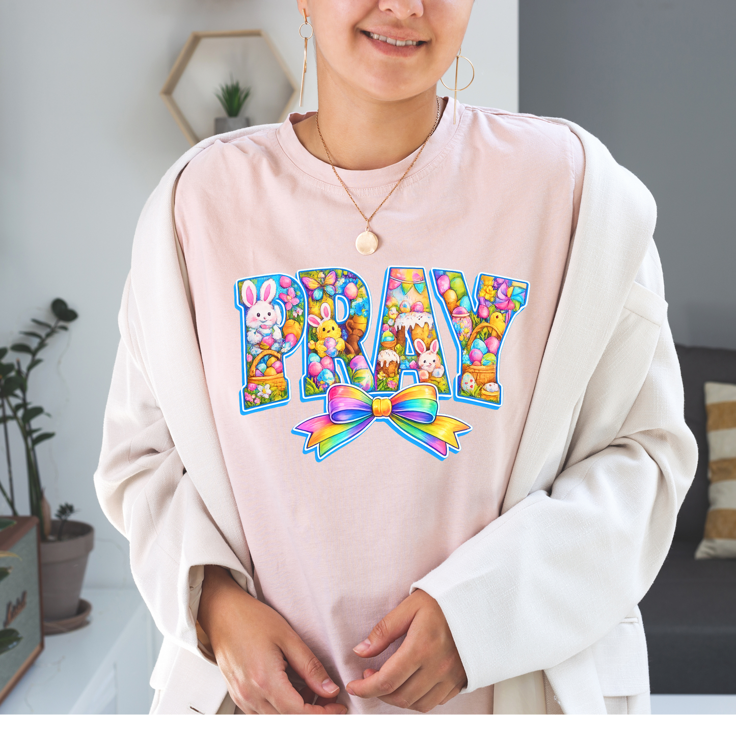 “PRAY” Easter Graphic Tee – Colorful Faith & Spring Design with Bow Kendra's Self-Made Originations