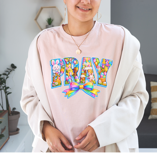 “PRAY” Easter Graphic Tee – Colorful Faith & Spring Design with Bow Kendra's Self-Made Originations