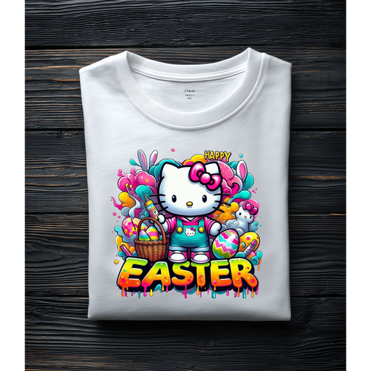 Cute Kitty Easter Graphic Tee – Cartoon Cat Bunny Basket Design Kendra's Self-Made Originations