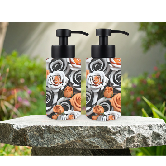 🌹 Elegant Rose Soap or Lotion Dispensers – Black, White & Orange Floral Design Kendra's Self-Made Originations