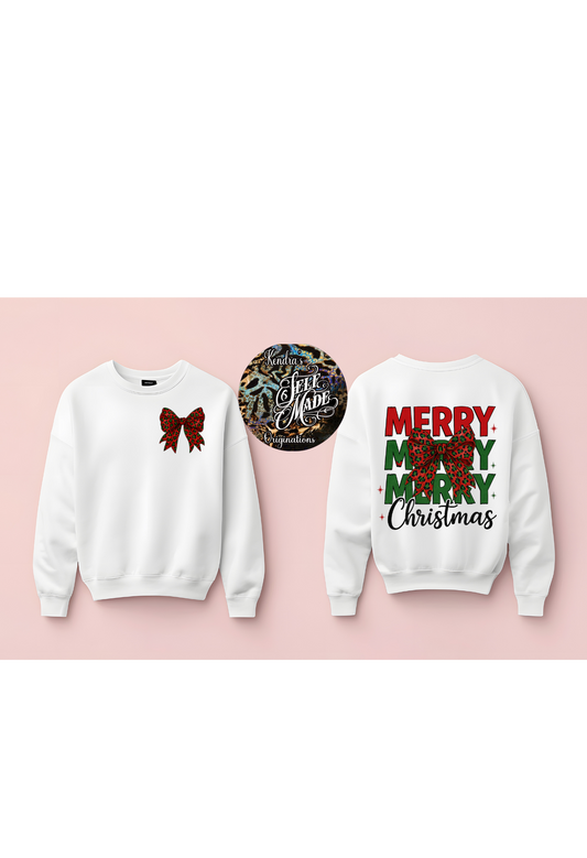 ❤️💚 Leopard Bow “Merry Merry Merry Christmas” Sweatshirt – Front & Back Design