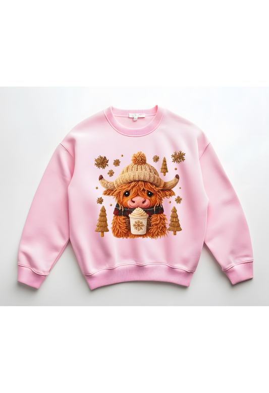 🐮☕ Cozy Highland Cow Christmas Sweatshirt – Winter Latte Edition