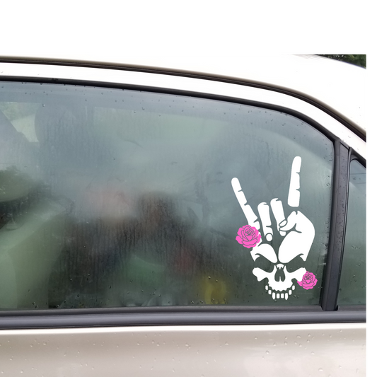 💀🌹 Skull & Roses Rock Hand Car Decal – Edgy Ride Vibes Kendra's Self-Made Originations