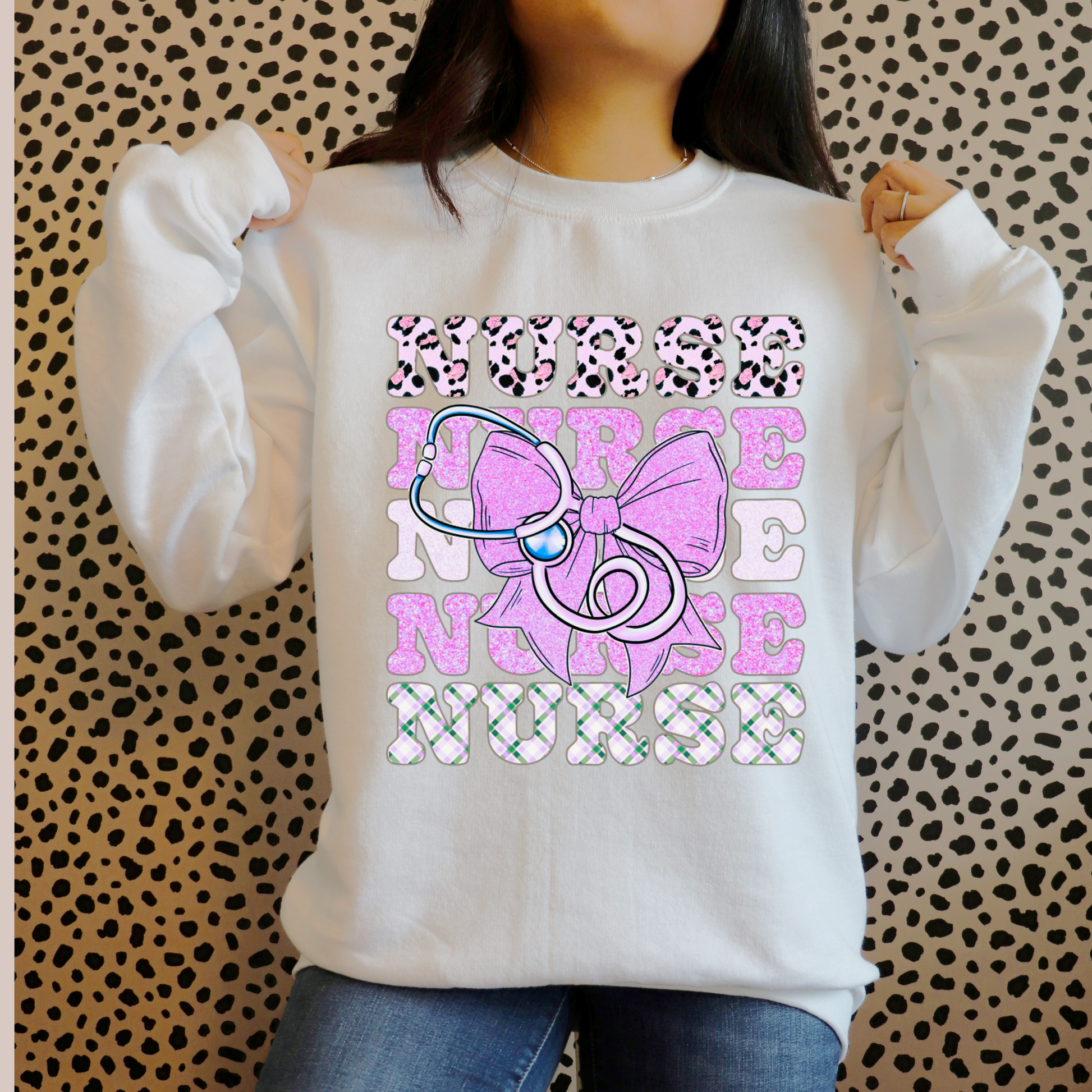 🩺 Nurse Bow Sweatshirt – Pink Glitter & Animal Print Design Kendra's Self-Made Originations