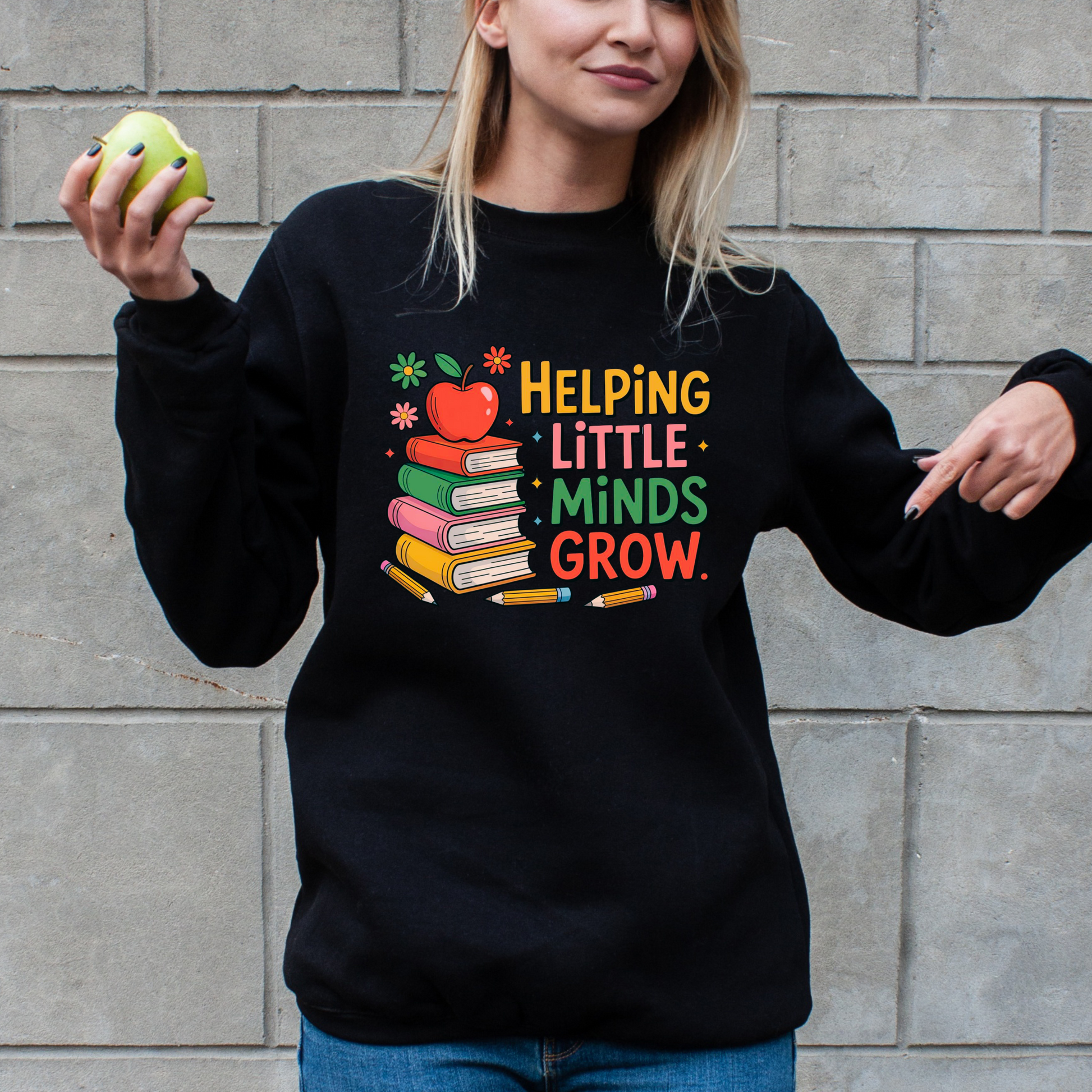 🍎 Helping Little Minds Grow – Teacher Sweatshirt Kendra's Self-Made Originations