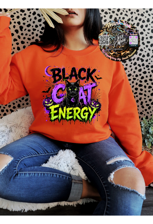 Black Cat Energy Halloween Sweatshirt | Spooky Black Cat Fall Shirt | Halloween Graphic Tee Kendra's Self-Made Originations